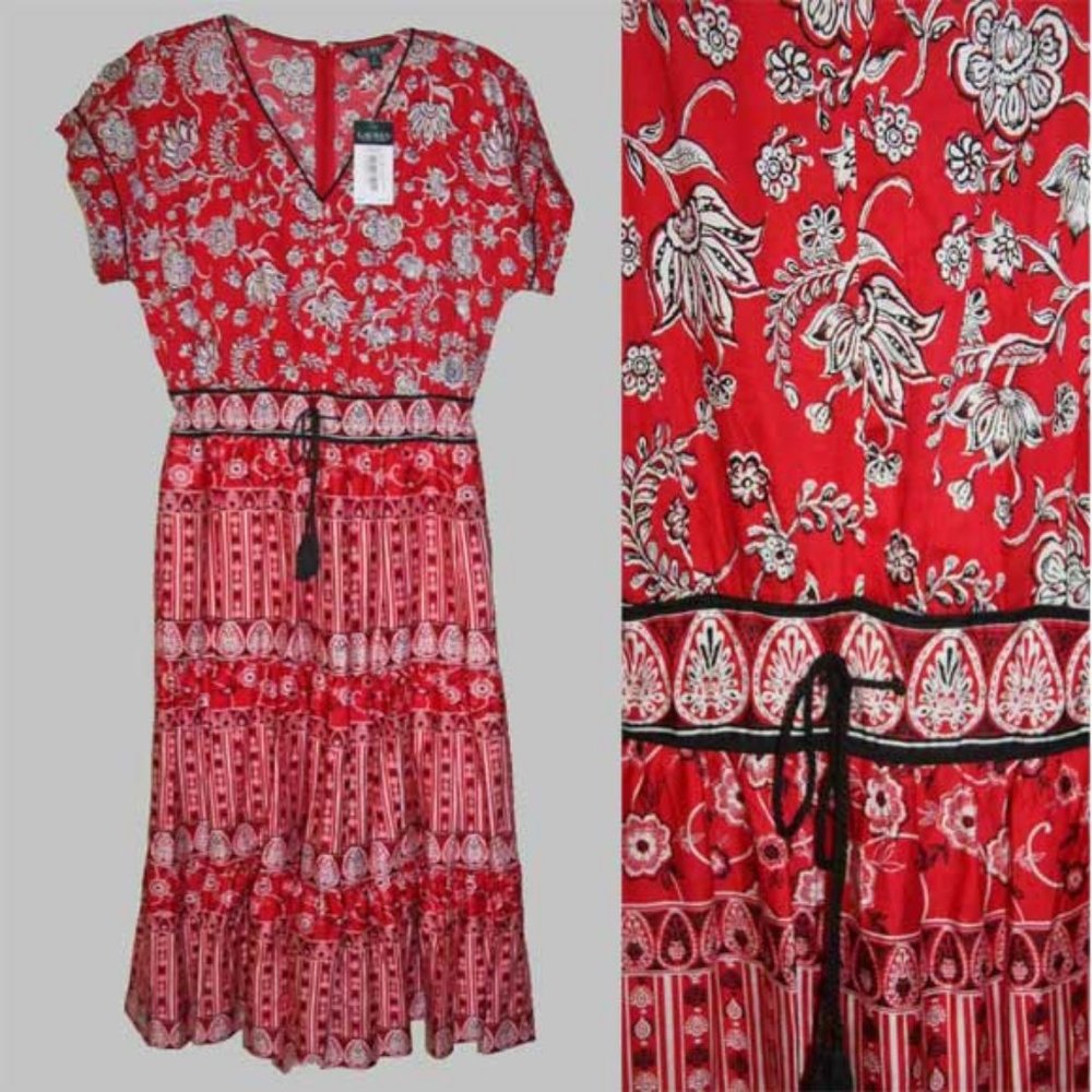 Ralph Lauren Red Floral Tiered Boho Maxi Dress